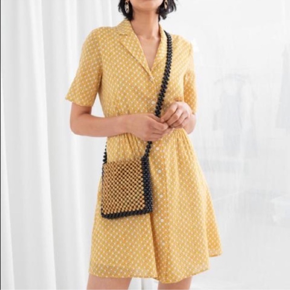 & Other Stories Yellow White Printed Art Deco Mini Shirt Dress Skater